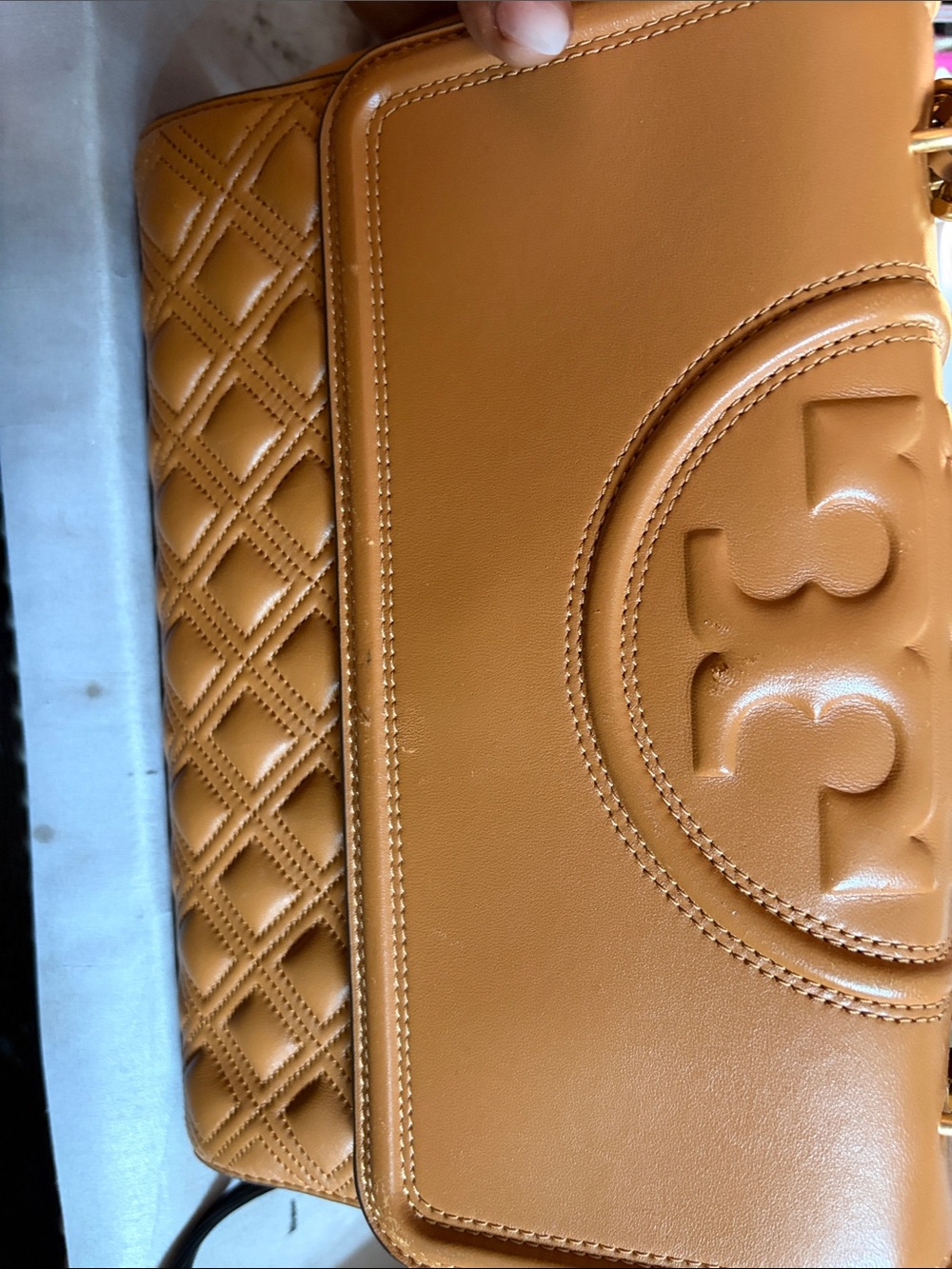 Tory Burch Tan Quilted Leather Shoulder Bag with Logo Medallion